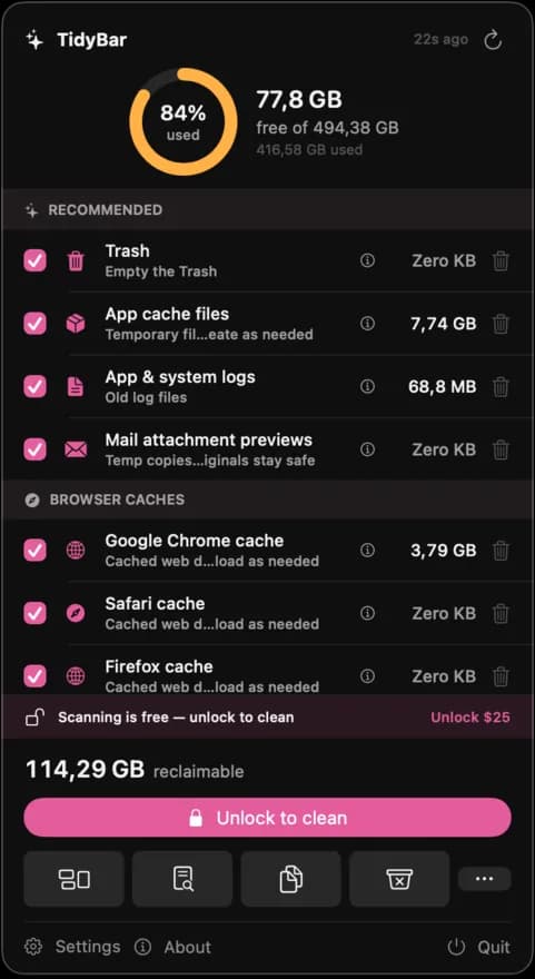 TidyBar menu-bar panel showing reclaimable space
